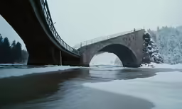 a bridge spanning over a frozen river with trees