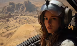 a girl flies in an airplane on the sky