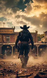 the man in the cowboy hat walks away from a train station