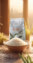 a bowl of rice and green plants sitting next to a bag