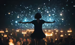 a woman standing on top of a stage at night