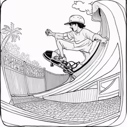 a coloring page for kids that includes the boy skateboarding