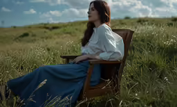a woman in blue and white is sitting on a chair in the middle of a field