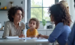 a woman sitting at a table with two women