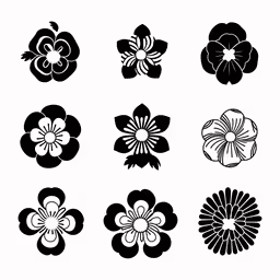 some flower logos in black and white,black and white flower designs in the style of japanese