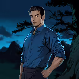 a man that is standing up by a tree