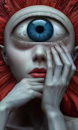 a woman is covering her face with hands and eye, while it is looking to the side