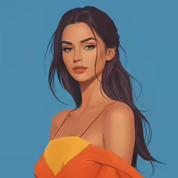 a female with brown hair wearing orange dress