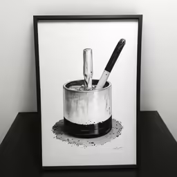 there is a black and white picture on the shelf