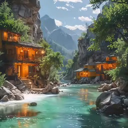 the picturesque houses next to a river is lit up at night