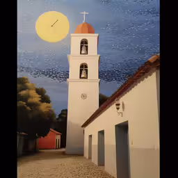 there is an old building with a church tower,a church has an interesting mural above it