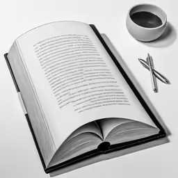 a close up of an open book near a cup of coffee