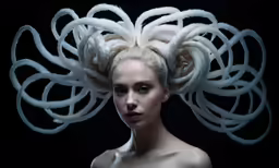 a beautiful woman with white hair wearing a weird headpiece