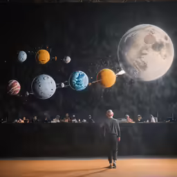 an older person looking at planets in a museum