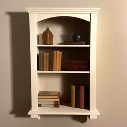 the shelves on the wall have two open ones,a book shelf is holding several books in a room,a bookcase with books, an alarm clock, and a vase on it,some books and other items sitting on a shelf,a set of three white book shelves next to each other