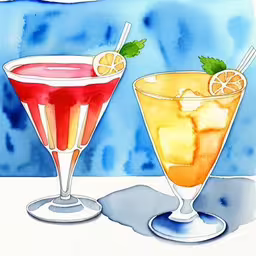 two cocktails sitting next to each other on a counter top,two different colored drinks sitting on a table