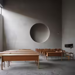 two rows of tables in a room with concrete walls and floors