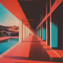 a very long hallway with a pool next to it