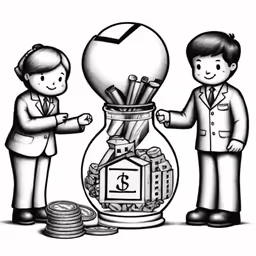 a black and white drawing of two men in suits near a glass jar with money