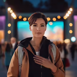 a woman standing in front of a stage with lights on the wall