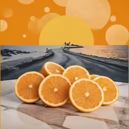 a group of oranges sitting in front of a yellow background