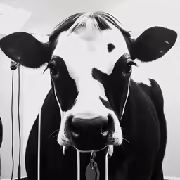 the cows head has a harness and is black and white