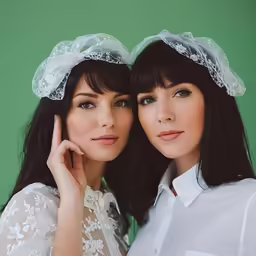 two girls in white dress outfits with hair pinned back