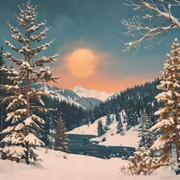 snow - covered mountains under a sun set and trees, with trees in foreground