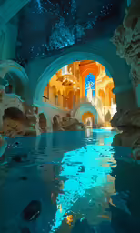 the inside of an indoor swimming pool that looks like it has been built into the ground