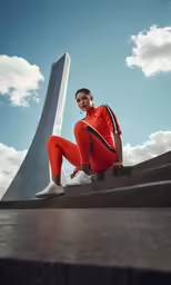 a woman in an orange shirt and matching pants posing for the camera