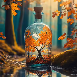a small bottle of water with a tree in it