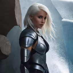 a woman in a leather outfit standing near water