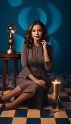 a woman in a long dress sitting on the floor by a candle