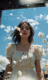 a woman looking up at the sky with a daisy in her hair