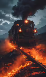an old train engine has several lights on