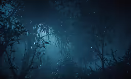 the leaves are blowing in a dark blue fog