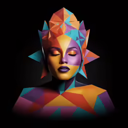 the digital artwork depicts a head of a woman with an array of colors and shapes