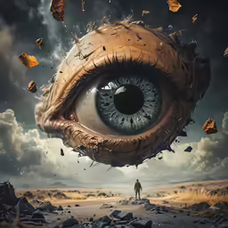 the man stands near a huge eye in front of a cloudy sky
