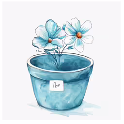 two blue flowers in a blue vase with a tag on it,a flower pot with a tag on it saying the