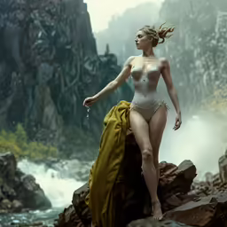 a female body model with long hair in a bodysuit next to a waterfall