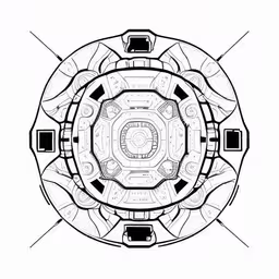 an image of a circle shape object with lines, circles and squares,a circular object with lines and squares,an eyeball drawing that resembles a futuristic object,an electronic device with the wheels spinning in circles,the drawing of a circular object