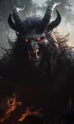 an evil demon is in flames with its mouth open
