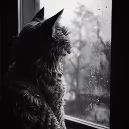 a cat with wet fur is looking out a window