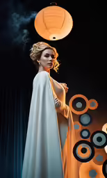 a woman standing on a stage with a large object behind her