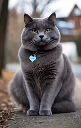 a gray cat is sitting outside and looking at the camera