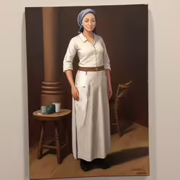 a painting of a woman standing in front of a table