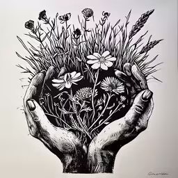 a black and white painting of two hands holding plants,a black and white image of a hand holding a flower