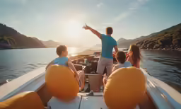 three adults on a boat in the water