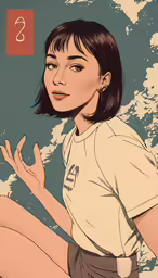 a cartoon woman standing next to a wall with an inscription on it