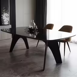 a black and white dining table with chairs
